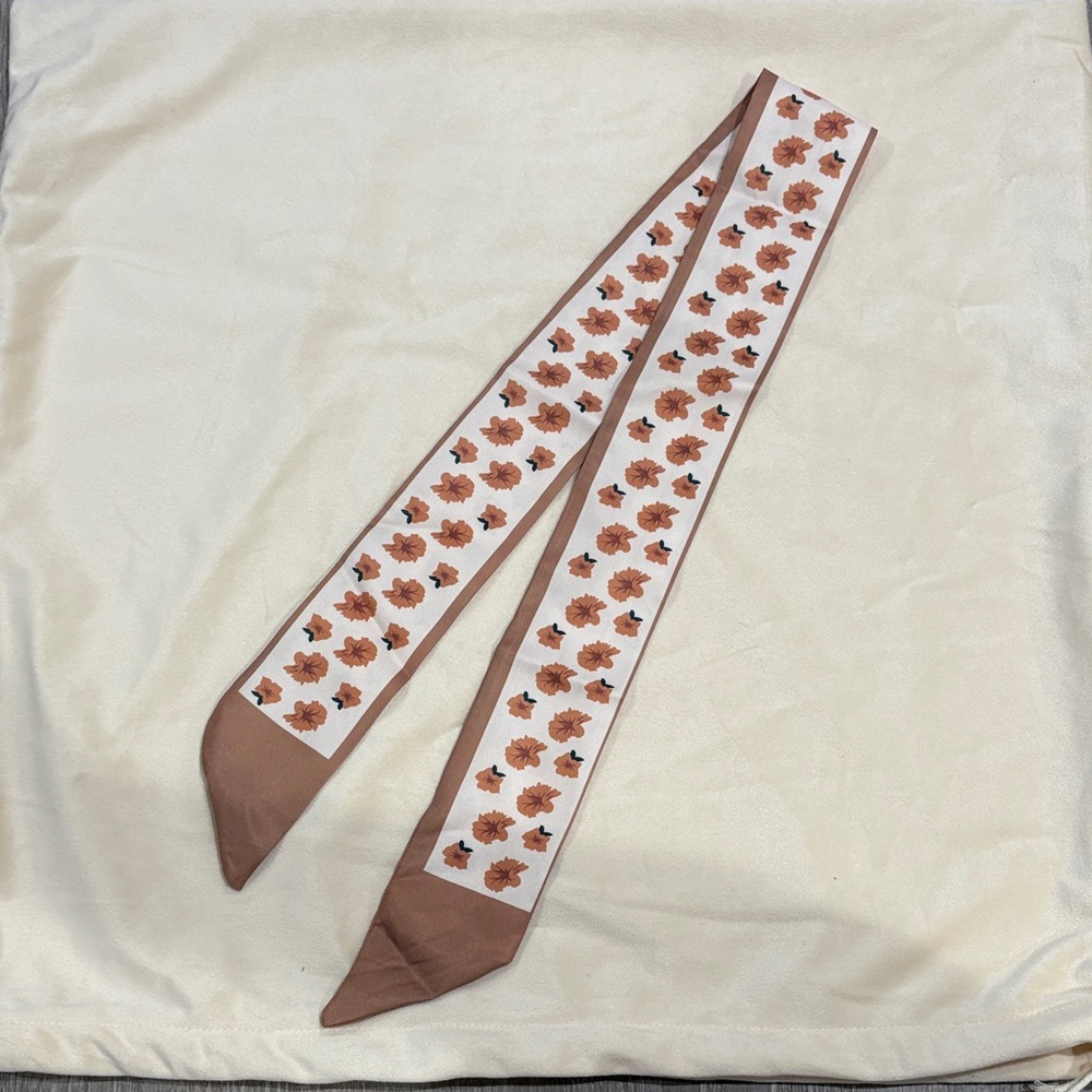 Floral Twilly Bag Scarf Brown & Cream Skinny Purse Scarf 36 in